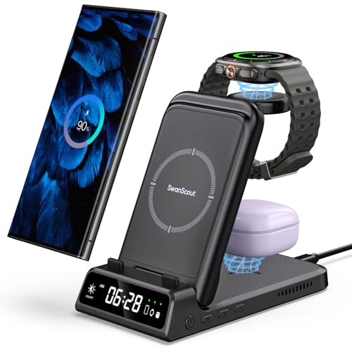 SwanScout Ladestation für Samsung S24 Ultra, SwanScout 703S, 3 in 1 Induktive Kabelloses Ladegerät für Samsung S24+/S24/S23 Ultra/S23/S22/Note 20, Galaxy Watch 6/6 Classic/5/4/3, Galaxy Buds 2 Pro/Pro von SwanScout