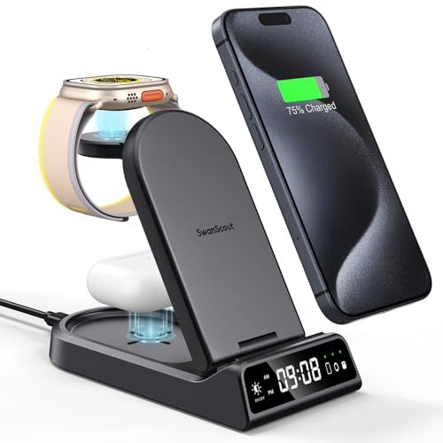 SwanScout Induktive Ladestation für iPhone, Faltbare Kabelloses Ladestation für iPhone 15/14/13/12 Serie, Wireless Charger for iWatch 9/Ultra/SE/8/7/6/5/4/3/Air-Pods Pro 3 2 von SwanScout