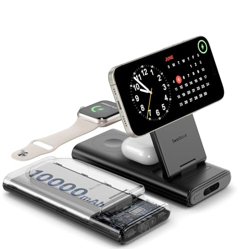 SwanScout Magnetic Ladestation für iPhone, 10000mAh Faltbare Drahtlose Tragbare Ladegerät für iPhone 15/14/13/12, 3 in 1 Wireless Charger für Apple Watch 9/8/7/6/5/Ultra 2 von SwanScout
