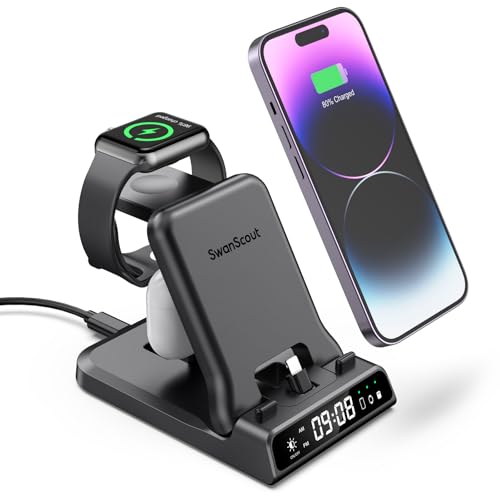 SwanScout Schnell Ladestation für Apple, Faltbare Ladestation für iPhone 14 13 12 11 Pro Max Mini Plus, 3 in 1 Ladegerät für Apple Watch Series 9/8/Ultra/7/6/SE/5 und Air pods von SwanScout