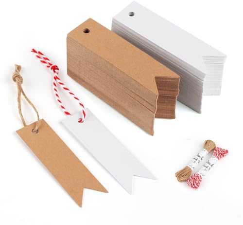 Sweelov 200stk Kraftpapier Anhänger Etiketten Geschenkanhänger 7 x 2cm mit Jute Schnur 20M für Hochzeit Geschenke zum Basteln Weihnachten Geschenkverpackung (Weiß Braun Rechteck) von Sweelov