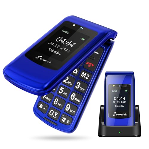 SweetLink F2PLUS Klapphandy Seniorenhandy mit großen Tasten Handy, GSM Flip Mobiltelefon mit Ladestation, SOS Notruffunktion, 1000mAh Akku, Taschenlampe, FM-Radio, 2,4 Zoll Farbdisplay, Blau von SweetLink