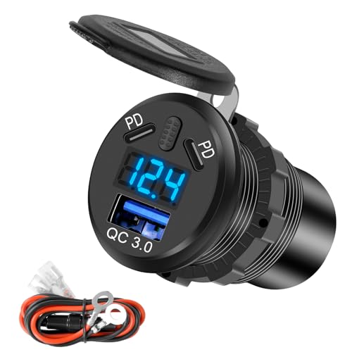 12V Auto USB C Steckdose, Auto USB Einbaubuchse mit Schalter, Auto Ladegerät QC3.0 PD Type C USB mit LED Voltmeter, Handy Schnellladung Autoladegerät Wasserdicht für Auto Motorrad Wohnmobil von Sweetone