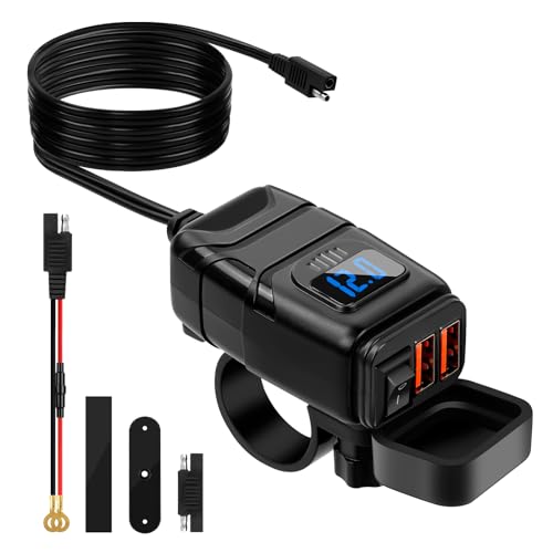 12V USB Steckdose Motorrad, Motorrad USB Ladegerät mit EIN-/Ausschalter und LED-Spannungsmesser, QC3.0 Motorrad Dual USB Ladegerät Wasserdicht für 12V-24V Motorrad Wohnmobil Boot (Dual USB) von Sweetone