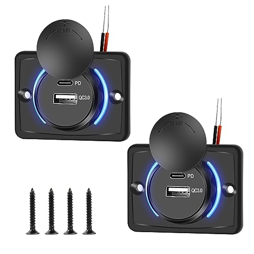 Dual USB Auto Ladegerät Steckdose, QC3.0 & PD USB-C KFZ-Ladegerät Stecker 12V-24V Quick Charge USB Dose Buchse Wasserdicht, USB Ladebuchse Panel für Marine, Auto, Motorrad, Wohnmobil, Boot (2 Stück) von Sweetone