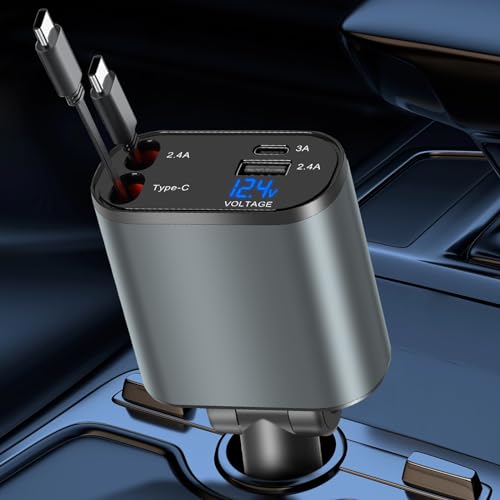 Einziehbares Auto Ladegerät, 120W Kfz Handy Schnellladegerä, PD&QC3.0 Kfz Ladegerät Zigarettenanzünde USB C Autoladegerät mit Verstecktem Kabel Car Charger für iPhone Galaxy Samsung Huawei Xiaomi von Sweetone