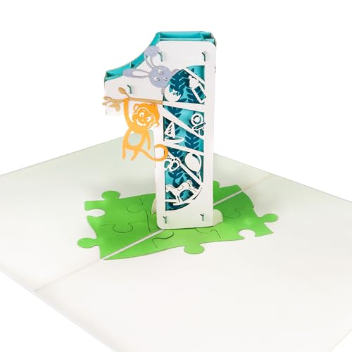 Sweetpopup® 3D Pop Up Karte Glückwunsch 1 Jahr | Edles Metallic-Papier & Handgefertigt | Klappbare Nummer 1 & Tieren, 047 von Sweetpopup