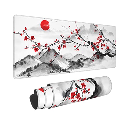 Sakura-Mauspad mit Kirschblütenmuster im Wasserfarbenmuster, rotes, verlängertes großes japanisches Mauspad, rutschfeste Gummiunterseite, genähten Kanten, wasserdicht, Gaming, Heimbüro, 80 x 30 cm, XL von Sweetshow