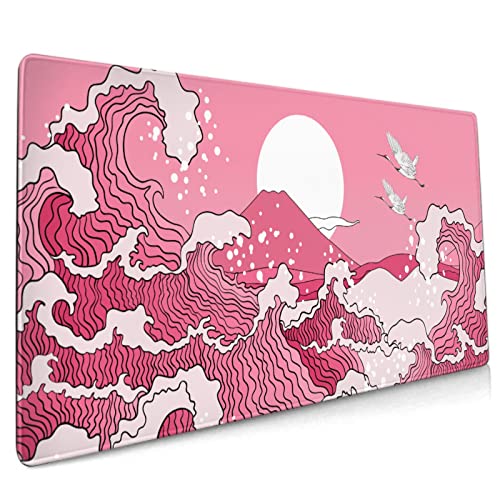 Japanisches rosa Wellen-Gaming-Mauspad, 80 x 30 cm, XXL, cooles Design, vollständiges Des-Mauspad, verlängertes groß, rutschfeste Gummiunterseite, Tastaturmatte mit genähten Kanten für Zuhause und Büro von Sweetshow