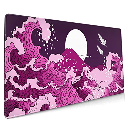 Japanisches violettes Wellen-Gaming-Mauspad, 80 x 30 cm, XXL, cooles Design, vollständiges Des-Mauspad, verlängertes groß, rutschfeste Gummiunterseite, Tastaturmatte mit genähten Kanten für Zuhause und Büro von Sweetshow