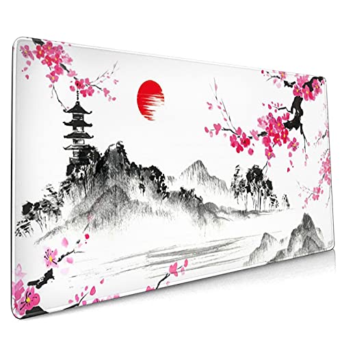 Wasserfarbenes Sakura-Mauspad mit japanischen Bergen- und Kirschblütenmuster, verlängert, groß, rosafarben, rutschfeste Gummiunterseite, genähten Kanten, wasserdicht, Gaming, Heimbüro, 90 x 40 cm, XXL von Sweetshow