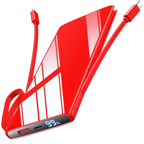 Swetfela Power Bank, 10000mAh PD 30W Powerbank Mini, Externer Handyakkus mit USB C Input Output Kabel LED Display, Akkupack für iPhone 16 15 14 13 12 Plus Pro Max Samsung pad Huawei xiaomi, Rot von Swetfela