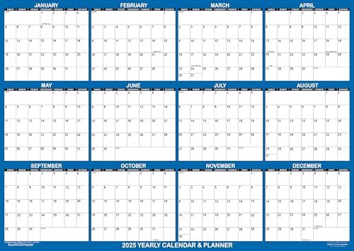 SwiftGlimpse Wandkalender 2025, A2, 59 x 42 cm, löschbarer Jahresplaner, horizontal, Marineblau (A2) von SwiftGlimpse