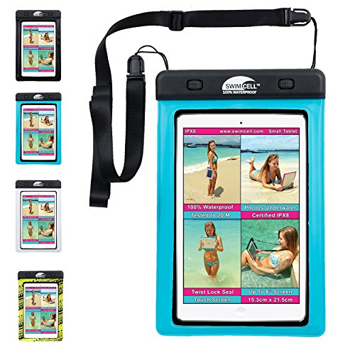 wasserdichte iPad Hülle - wasserdichte Minitasche für kleine Tablets & Kindle als Schutzhülle. Zertifiziert IPX8 20m. Verstellbares Umhängeband. Fürs Schwimmen, Schwimmbad, Strand. Passt 14,5 x 21cm von SwimCell