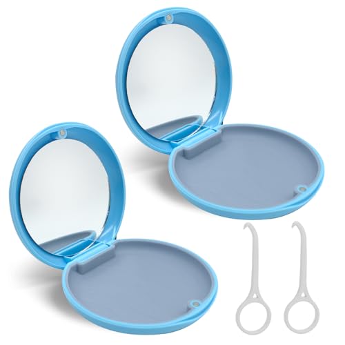 Zahnspangendose, 2 Stück Tragbare Aufbewahrungsbox für Zahnprothesen Behälter mit Spiegel Leere Gebissdose Zahnprothesendose Behälter für Zahnprothesen Box mit Aligner Removal Tool (Blau + Blau) von SwirlColor