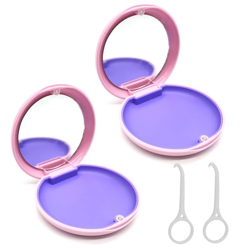 Zahnspangendose, 2 Stück Tragbare Aufbewahrungsbox für Zahnprothesen Behälter mit Spiegel Leere Gebissdose Zahnprothesendose Behälter für Zahnprothesen Box mit Aligner Removal Tool (Pink + Pink) von SwirlColor