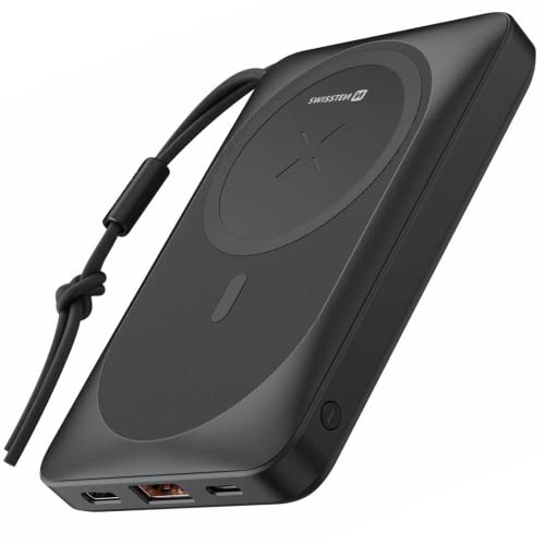 SWISSTEN Schnellladegerät, kabellos, Powerbank (Mag-Safe-kompatibel), 10.000 mAh, tragbares Ladegerät mit PowerIQ-Technologie, externer Akku, kompatibel mit iPhone, Samsung, iPad und mehr. von Swissten