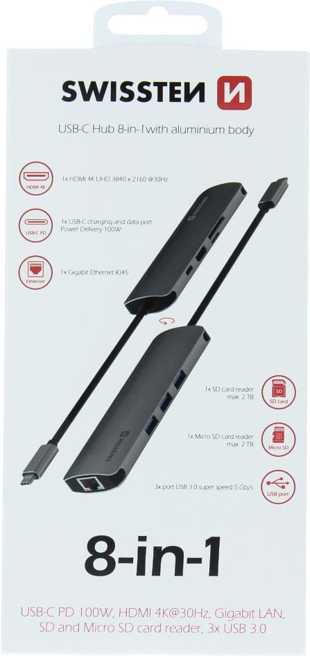 Swissten 8-IN-1 USB-C HUB Aluminium Body - 440-401-03 (44040103) von Swissten