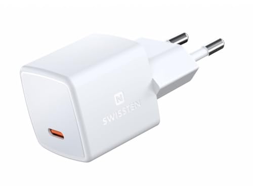 Swissten Mini-Reise-Ladegerät mit GaN-Technologie und Qualcomm Schnellladung, Power Delivery 33W, 1x USB-C, Abmessungen 3x3x3cm, kompatibel mit iOS und Android Smartphones - Weiß von Swissten