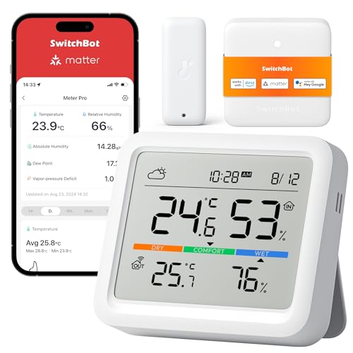 SwitchBot Wlan Wetterstation Funk mit Außensensor, Matter Hygrometer Thermometer Innen, Temperatursensor mit IP65 Außenthermometer und Matter Hub, Kompatibel mit Alexa, Apple Home, Google Home von SwitchBot