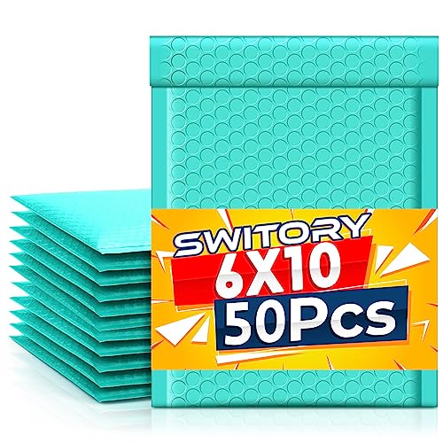 Switory 50 Stück A5 15,3 cm x 26,9 cm Blasenumschläge Poly Bubble Mailer Gepolsterte Umschläge Bubble Lined Poly Mailer Self Seal Teal für die Verpackung (Blaugrün) von Switory