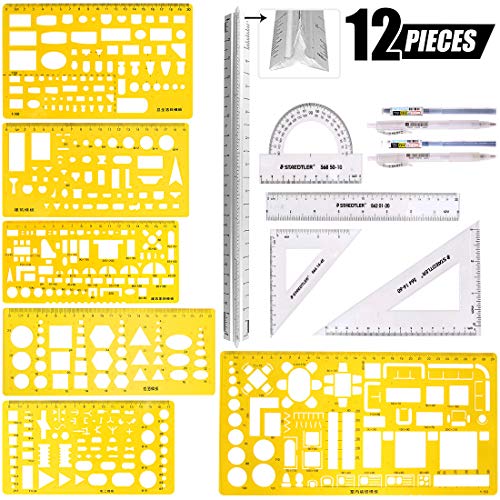 Swpeet 12-teiliges Kunststoff-Vorlagen-Set, gelb, geometrische Zeichnungen, 6 verschiedene geometrische Messzeichnungen, Schablonen mit 2 Bleistiften und Swpeet 12-teiliges Kunststoff-Vorlagen-Set, gelb, geometrische Zeichnungen, 6 verschiedene geometrische Messzeichnungen, Schablonen mit 2 Bleistiften und von Swpeet