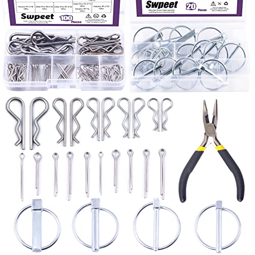 Swpeet 121 Stück 4 Größen weiße Zink-Lynch Pin mit Ring und 304 Edelstahl Splinte Haarnadel Anhängerkupplung Pin und R-förmige Clips Befestigung mit Nadelzange Kit für Bauernhof Traktoren Anhänger von Swpeet