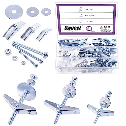 Swpeet 192Pcs 48 Set Knebelschrauben und Flügelmutter-Kit mit Sechskantmuttern, Unterlegscheiben, Knebelschrauben-Sortiment-Kit, Butterfly-Knebelanker zum Aufhängen - 1/8 Zoll, 3/16 Zoll, 1/4 Zoll von Swpeet