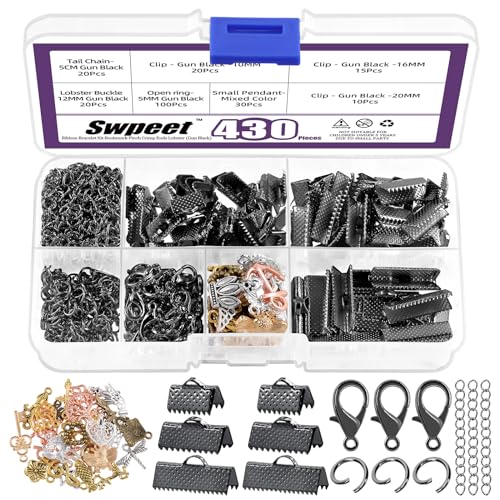 Swpeet 430Pcs Gun Black Ribbon Bracelet Kit, Bookmark Pinch Crimp Ends Lobster Clasps mit Jump Rings und Chain Extenders für DIY Making Bookmark Pinch Armband Halskette von Swpeet