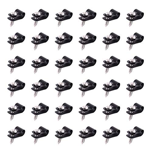 Swpeet 60 Stück schwarze 1/4 Zoll Nylon Kunststoff R-Type Kabelclips Klemm-Kit Nylon Schraubmontage Schnurbefestigungsclips mit 60 Stück Schrauben für Drahtmanagement von Swpeet