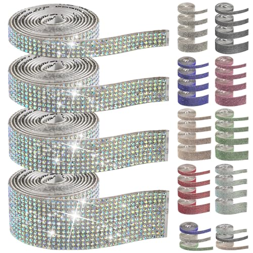 Swpeet Crystal Rhinestone Ribbon, Crystal Self Adhesive Rhinestone, Decorative Banding Belt Sticker for Art Craft DIY Car Decoration (AB) 4 Rollen 4 Größen AB Farbe Selbstklebende Strass Bänder von Swpeet