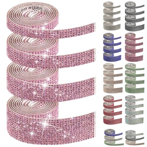 Swpeet Crystal Rhinestone Ribbon, Crystal Self Adhesive Rhinestone, Decorative Banding Belt Sticker for Art Craft DIY Car Decoration (Pink) 4 Rollen 4 Größen Rosa selbstklebende Strass Bänder Streifen von Swpeet