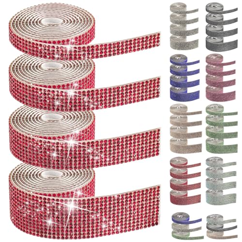 Swpeet Crystal Rhinestone Ribbon, Crystal Self Adhesive Rhinestone, Decorative Banding Belt Sticker for Art Craft DIY Car Decoration (Red) 4 Rollen 4 Größen Rot Selbstklebende Strass Bänder von Swpeet