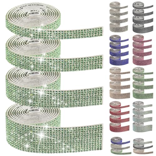 Swpeet Crystal Rhinestone Ribbon，Crystal Self Adhesive Rhinestone ，Decorative Banding Belt Sticker for Art Craft DIY Car Decoration (Green) 4 Rollen 4 Größen Hellgrün selbstklebende Strass Bänder von Swpeet
