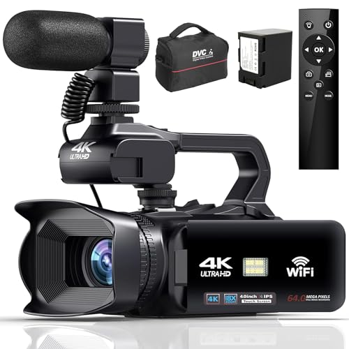 Sxhlseller 4K Videokamera Camcorder - 64MP 60FPS 18X Digital Zoom Auto Focus Vlogging Camera, 4500mAh 4.0" Touchscreen WiFi Videokamera mit Fernsteuerung/Mikrofon/Kameratasche for YouTube von Sxhlseller