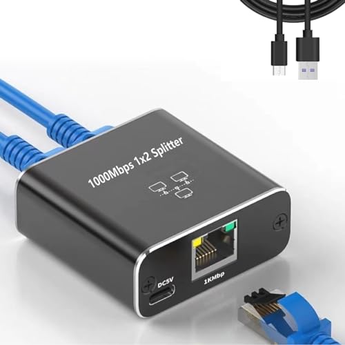 RJ45-Ethernet-Splitter 1 zu 2 Gemeinsam Nutzen, 1000 Mbit/s Gigabit-Netzwerkadapter, RJ45-Ethernet-Splitter Zwei Geräte Teilen mit USB-Stromkabel, Kompatibel mit Cat5, Cat5e, von Sxhlseller