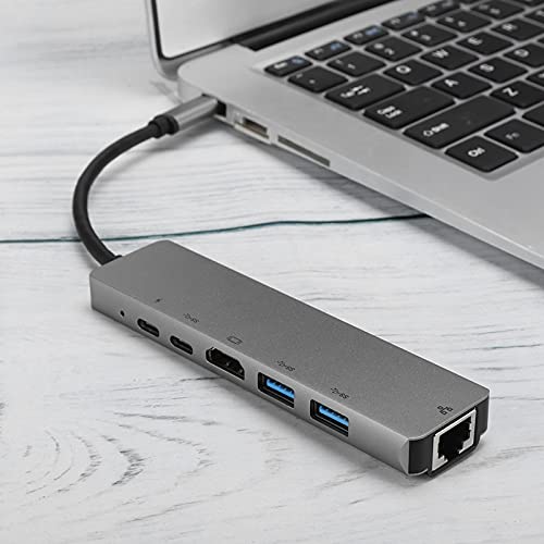 Sxhlseller Tragbarer, Praktischer Plug-and-Play-6-in-1-USB-C- Bis Typ-C-3-USB3.0-Hub-HDMI-Rj45-Ethernet-SDTF-OTG-Adapter aus Grauem Metall von Sxhlseller