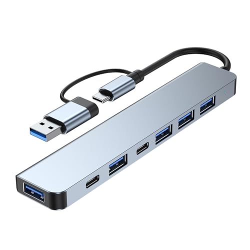 USB C Hub USB Hub 3.0, 7 in 1 USB C Hub, 5 X USB 3.0, 2 X USB C, 7 in 1 Multi Port Adapter, Wärme Ableitung für PC Laptop Tablet Geräte (Silber) von Sxhlseller