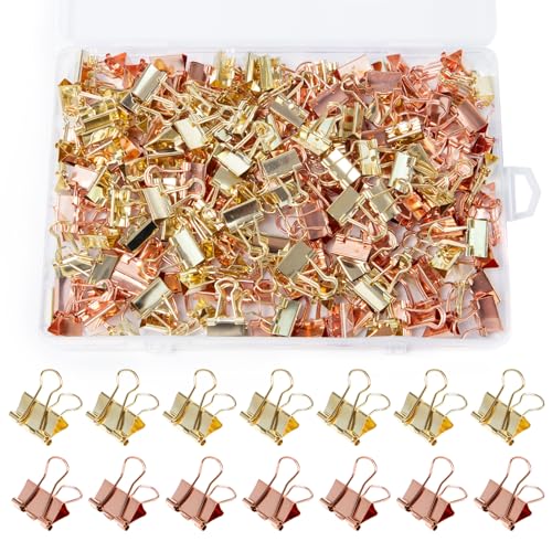 Sxutop 200 Stück Foldback Klammern 15 mm Metall Papierklammern Klein Binder Clips Faltklammern Vielzweckklammern Dokumenten Clip Gold und Roségold für Schule, Briefpapier Papier, Heim Bürobedarf von Sxutop