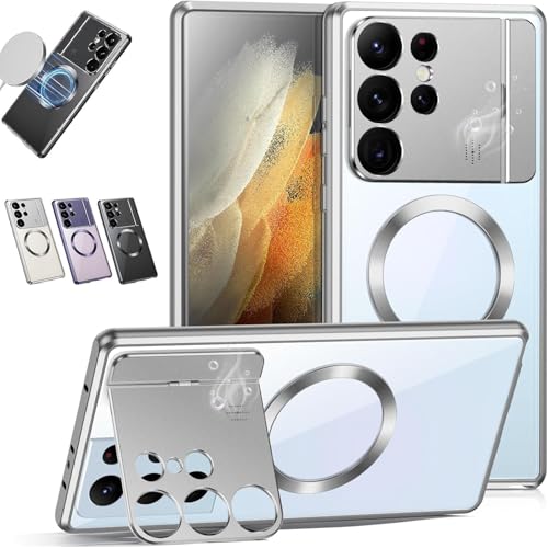 Magnetische Saugnapf-Halterung, Aromatherapie-Handyhülle, magnetische Metallhülle, Legierung, Objektivschutz, Ständer, für Samsung S24, S23, S22, S21 Ultra, Silber von Syanus