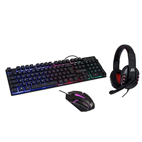 Syba RGB PC Gaming Zubehör Combo Kit - Gaming Tastatur und Gaming Maus Combo - Spritzwassergeschützte USB-Tastatur, kabelgebundene optische 3-Tasten-Maus, Stereo-Gaming-Headset von Syba