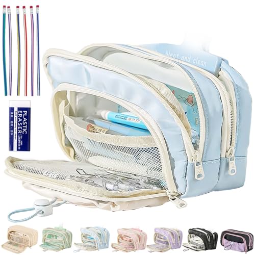 Federmäppchen mit großem Fassungsvermögen, Federtasche mädchen 3 fächer, Leinwand kawaii mäppchen ästhetisch, 3 fach federmappe für mädchen, Resistent gegen Schmutz, Design der Frontscheibe (Blue) Federmäppchen mit großem Fassungsvermögen, Federtasche mädchen 3 fächer, Leinwand kawaii mäppchen ästhetisch, 3 fach federmappe für mädchen, Resistent gegen Schmutz, Design der Frontscheibe (Blue) von Syeefula