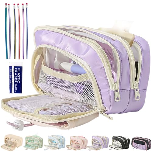 Federmäppchen mit großem Fassungsvermögen, Federtasche mädchen 3 fächer, Leinwand kawaii mäppchen ästhetisch, 3 fach federmappe für mädchen, Resistent gegen Schmutz, Design der Frontscheibe (Purple) Federmäppchen mit großem Fassungsvermögen, Federtasche mädchen 3 fächer, Leinwand kawaii mäppchen ästhetisch, 3 fach federmappe für mädchen, Resistent gegen Schmutz, Design der Frontscheibe (Purple) von Syeefula