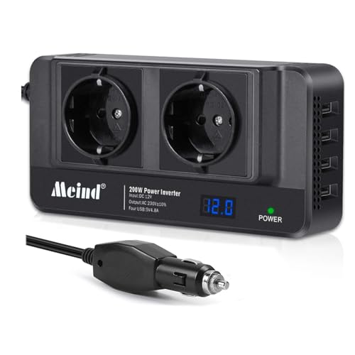 200W Auto Spannungswandler, KFZ Spannungswandler,Spannungswandle 12V auf 230v Reiner Sinus Volt Spannungswandler Power Inverter,2 EU AC Steckdosen,mit 4 USB Anschluss und Zigarettenanzünderstecker von Syfunlv