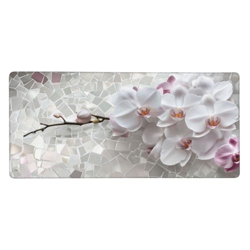 Gaming Mauspad XXL 800 x 400 mm, Weiß Mousepad Orchidee Desk Mat mit Vernähte Kanten, WassXerdicht Anti-Rutsch Tastatur Unterlage, Verbessert Präzision und Geschwindigkei Mauspads für Gamer -Y511 von Syiboo