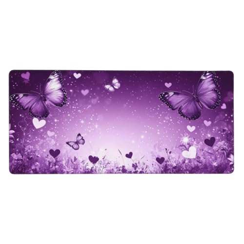 Mousepad Lila Schreibtischunterlage Schmetterling Mauspad XXL 800 x 300 x 3 mm, WassXerdicht Mousepad Gaming Zubehör,Anti-Rutsch Desk Mat mit Genähte Kanten, for Büro Deko,Geschenke für Frauen -Y1321 von Syiboo