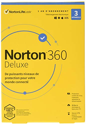 Symantec Norton 360 Deluxe Box Version (1 Jahr) 3 Peripheriegeräte, 25 GB Cloudspeicher, Mass Market, Win, Mac, Android, iOS, Französisch von Symantec