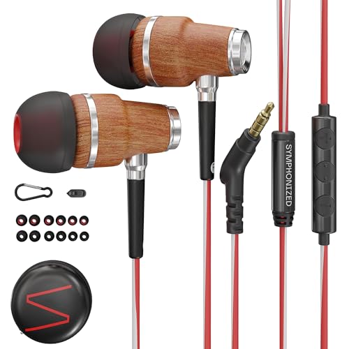 Symphonized® In Ear Kopfhörer mit Kabel und Mikrofon HD, Premium Noise Cancelling kopfhoerer In Ear, 8-mm-Bass, 3D-Sound aus Bubinga-Holz, Lautstärkeregler für Mobilgeräte, PCs und Tablets. NRG von Symphonized