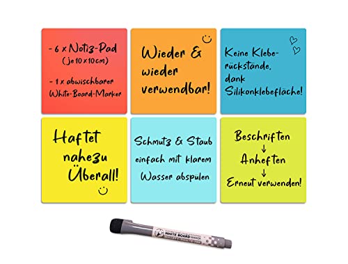 6 x selbstklebende, bunte Notizzettel inkl. 1 Stift mit Befestigungsmagnet - Keine Kleberückstände, dank Silikonklebefläche - Haften überall (Je 10x10cm) Whiteboardnotiz - Notizblock - Abwaschbar (1) von SynMe