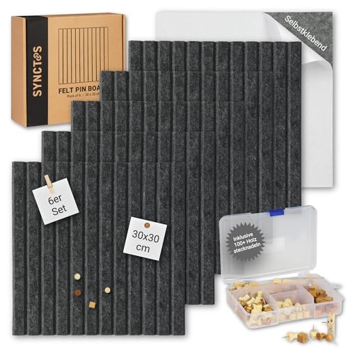 Synctos Pinnwand Filz Selbstklebend - 6er Set - 100+ Holz Pinnadeln - 30x30cm Groß & 12mm Dick - Modern Pinwand Design für Haus, Schule & Büro - Stylische Alternative Korkplatte/Korkwand - Dunkelgrau von Synctos